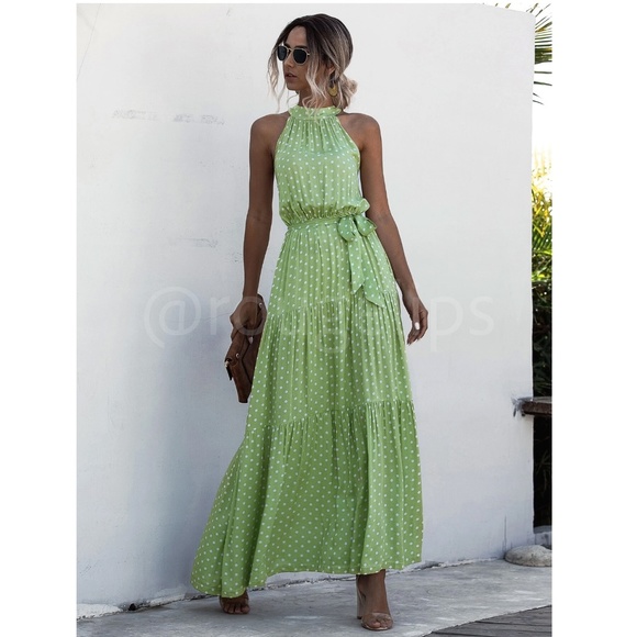 Polka Dot Print Maxi Dress Tie Belt High Neck White Green Long Flared Halter - Picture 4 of 13